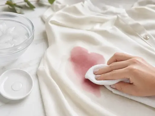 Hand tupft mit einem Tuch einen roten Weinfleck von einem weißen Hemd. Eiswasser und ein Tropfen Reinigungsmittel liegen bereit, um den Rotweinfleck zu entfernen.