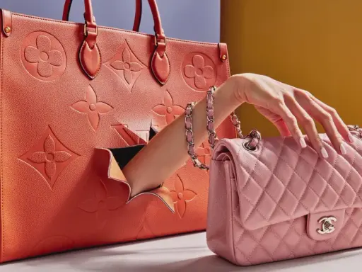 Vergleich: Louis Vuitton Replica vs. authentische Tasche. Eine Hand greift aus einer großen orangefarbenen Tasche nach einer kleinen rosa gesteppten Tasche.