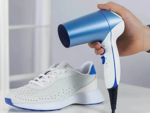 Ein weißer Sneaker mit blauen Akzenten, dessen **schuhe zu eng vorne** sind, wird mit einem blauen und weißen Föhn erwärmt.