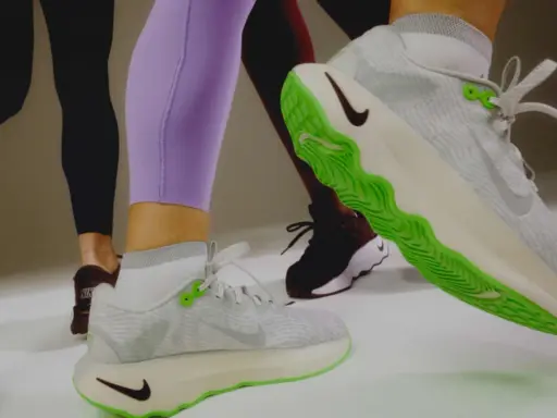 Sportliche Beine in Leggings und Sneakern. Ein Schuh mit leuchtend grüner Sohle zeigt, wie man Schuhe recyceln kann.