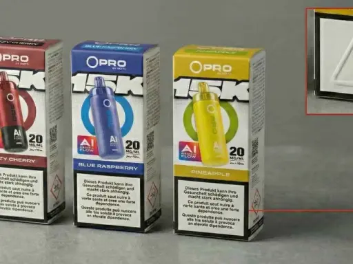 Drei OPRO 15K Vape-Boxen in Rot, Blau und Gelb. Achten Sie auf Details, um palm angels fake erkennen zu können.