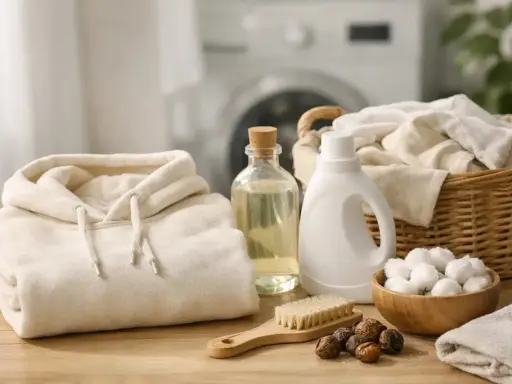 Alles für das Waschen von Hoodies: ein gefalteter Hoodie, Waschmittel, Seifen Nüsse und eine Bürste.