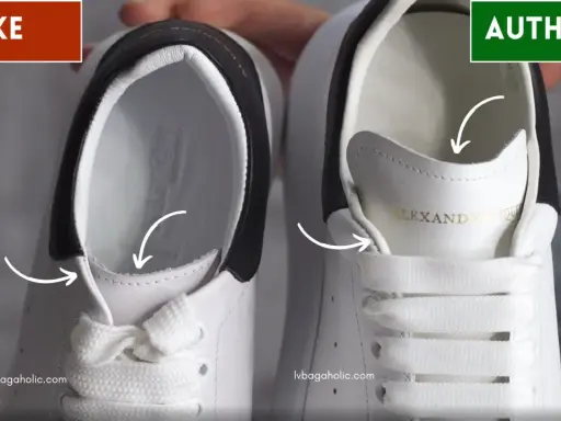 Vergleich von Alexander McQueen Schuhen: Links ein Fake-Modell mit unsauberer Verarbeitung, rechts das authentische Paar mit feinen Details.