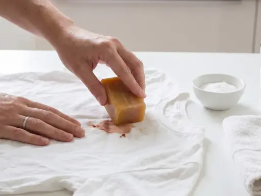 Hand reibt mit Seifenstück über Blutfleck auf weißem T-Shirt, um gewaschene Blutflecken entfernen zu können.