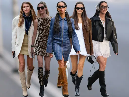 Fünf Frauen präsentieren ihre Outfits, wobei der Fokus auf dem Anziehen von Stiefeln liegt. Von Cowboystiefeln bis zu eleganten Lederstiefeln ist alles dabei.
