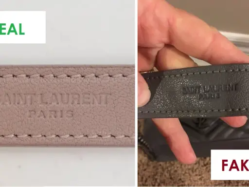 Vergleich: Echte YSL Tasche mit präziser Prägung vs. Fake mit unsauberer Schrift. So erkennst du eine YSL Tasche fake.