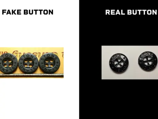 Vergleich von gefälschten und echten Stone Island Knöpfen. Der QR-Code ist hier nicht sichtbar, aber die Knöpfe zeigen das Logo.