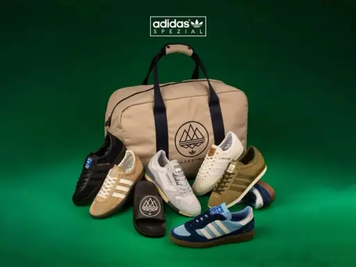 Adidas Spezial Kollektion mit verschiedenen Sneakern und einer Tasche, inspiriert von Gary Aspden.