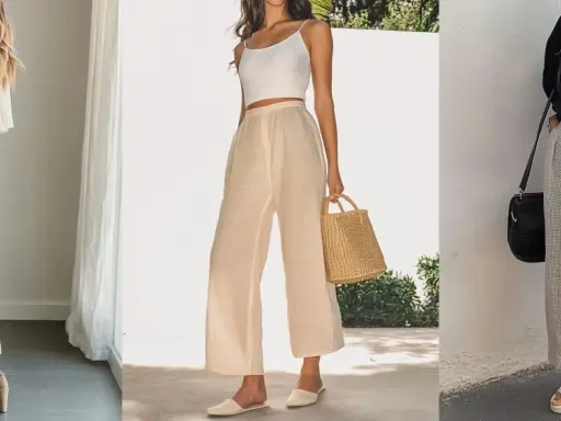 Drei Outfits mit 7/8 Hosen: Sandalen, Mules und Keilabsatzschuhe zeigen, welche Schuhe zu 7/8 Hosen passen.