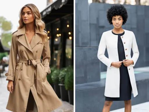 Zwei Frauen zeigen, wie man einen Trenchcoat kombiniert: eine in Beige mit Gürtel, die andere in Weiß über einem schwarzen Kleid.