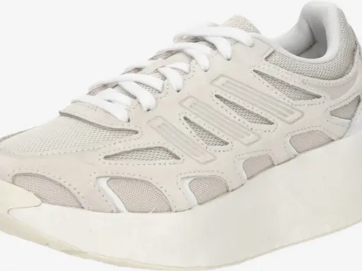 Ein heller, moderner adizero aruku Sneaker mit auffälliger, dicker Sohle und atmungsaktivem Mesh-Obermaterial.