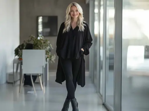 Eine Frau stylt eine schwarze Longbluse mit Leggings und Stiefeletten. Ein lässiger, aber schicker Look.