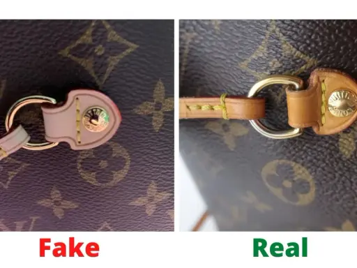 Links: Louis Vuitton falsch. Rechts: Louis Vuitton echt. Details wie Nähte und Beschläge verraten den Unterschied.
