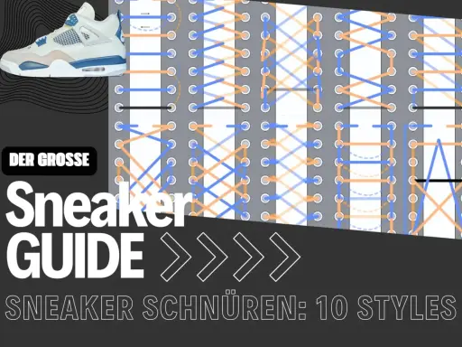 Der Sneaker Guide zeigt, wie man Schuhe lacen kann. Verschiedene Schnürtechniken werden illustriert.