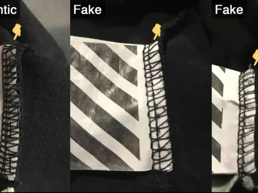 Vergleich von Etiketten: Ein authentisches off white Etikett zeigt saubere Nähte, während gefälschte Etiketten unsaubere Verarbeitung aufweisen.