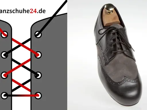 Anleitung zum Anzugschuhe binden: Links zeigt eine Grafik mit roten und schwarzen Schnürsenkeln, rechts ein eleganter Schuh.