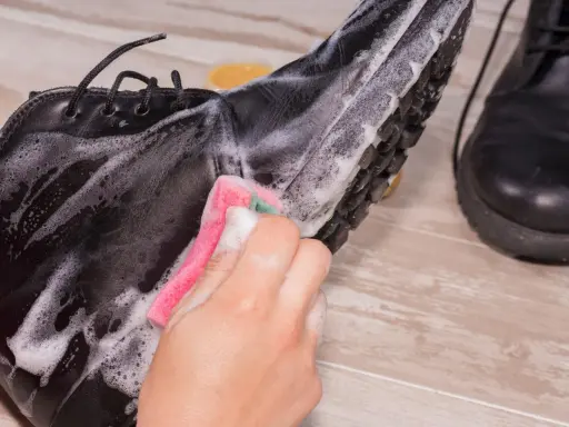 Schwarze Lederschuhe werden mit einem Schwamm und Seifenschaum gereinigt. Die Sohle und das Leder werden sorgfältig abgerieben, um sie wieder sauber zu machen.