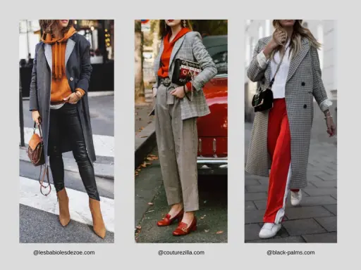 Drei Outfits: sportlich elegant ab 50 mit Hoodie, Lederhose, Anzug und roten Hosen.
