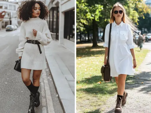Zwei Frauen zeigen, wie man Stiefel zu Kleid kombiniert: eine im lässigen Strickkleid mit Schnürstiefeln, die andere im weißen Hemdblusenkleid mit Chunky Boots.