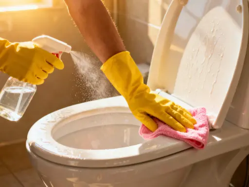 Gelbe Handschuhe sprühen Reinigungsmittel auf die Toilettenschüssel, um Wasserflecken zu entfernen. Ein rosa Tuch wischt die Oberfläche ab.