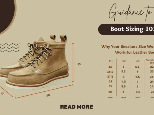 Herren-Schuhweiten-Ratgeber mit Größentabelle für Lederstiefel. Ein Paar braune Schnürstiefel ist abgebildet.