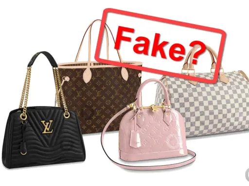 Vier Handtaschen, eine davon mit dem Schriftzug "Fake?". Die Taschen sind in verschiedenen Farben und Mustern gehalten, darunter das klassische LV-Monogramm.