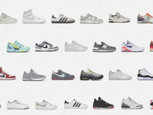 Reihe um Reihe von kult Sneaker-Modellen, von Retro-Klassikern bis zu modernen Designs, alle auf weißem Hintergrund.
