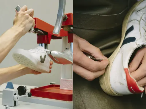 Hände arbeiten an einem Schuh. Links wird ein neuer Sneaker in einer roten Maschine fixiert, rechts werden alte Schuhe repariert.