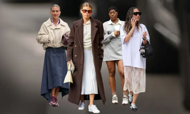 Vier Frauen in modernen Outfits, die von typischen Schuhen der 90er Jahre inspiriert sind.