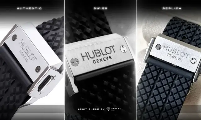 Vergleich von drei Hublot-Schließen: authentisch, Swiss und Replica. So erkennen Sie einen Hublot Fake.