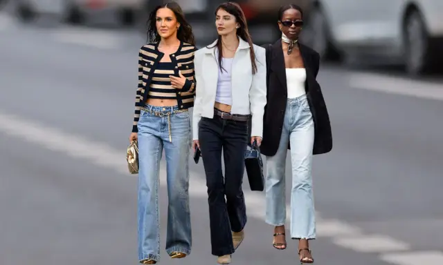 Drei Frauen zeigen, wie man bootcut jeans kombinieren kann: mit Streifen-Top und Blazer, weißer Jacke oder schwarzem Blazer.