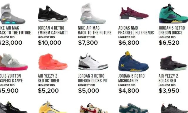 Verschiedene seltene Sneaker-Arten, darunter Nike Air Mag, Jordan 4 Retro und Louis Vuitton Jaspers Kanye, mit ihren Höchstgeboten.