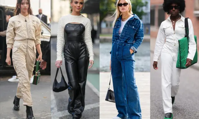 Vier Frauen präsentieren Outfits: Beige Utility-Overall, schwarzer Leder-Latzanzug mit Strick-Crop-Top, Jeans-Overall mit passender Jacke und weißer Overall mit grüner Tasche.