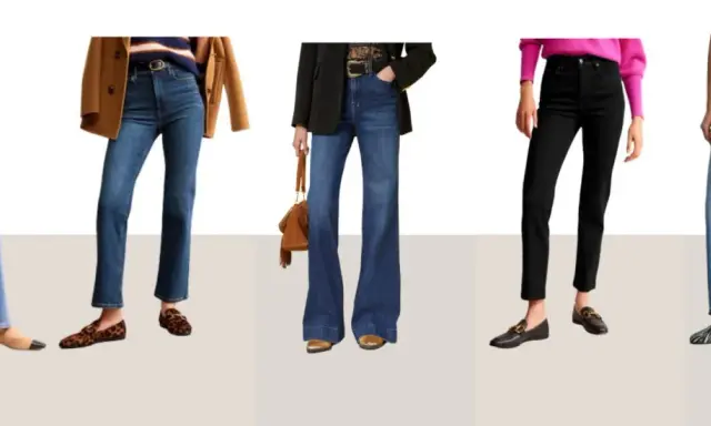 Fünf Outfits zeigen, welche Schuhe zu engen Hosen passen: Loafer, Ballerinas und Mules.