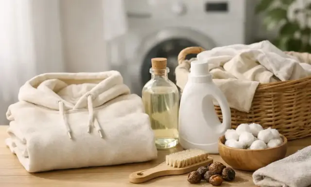 Alles für das Waschen von Hoodies: ein gefalteter Hoodie, Waschmittel, Seifen Nüsse und eine Bürste.