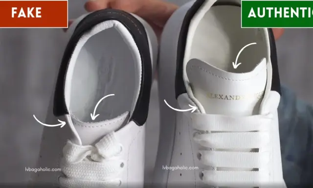 Vergleich von Alexander McQueen Schuhen: Links ein Fake-Modell mit unsauberer Verarbeitung, rechts das authentische Paar mit feinen Details.