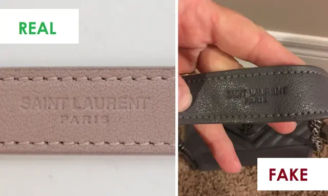 Vergleich: Echte YSL Tasche mit präziser Prägung vs. Fake mit unsauberer Schrift. So erkennst du eine YSL Tasche fake.