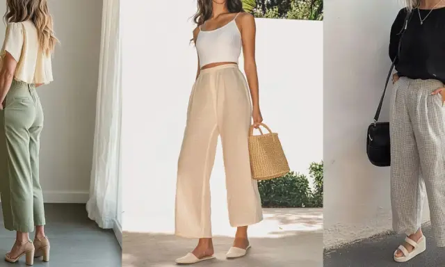 Drei Outfits mit 7/8 Hosen: Sandalen, Mules und Keilabsatzschuhe zeigen, welche Schuhe zu 7/8 Hosen passen.