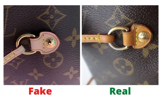 Links: Louis Vuitton falsch. Rechts: Louis Vuitton echt. Details wie Nähte und Beschläge verraten den Unterschied.