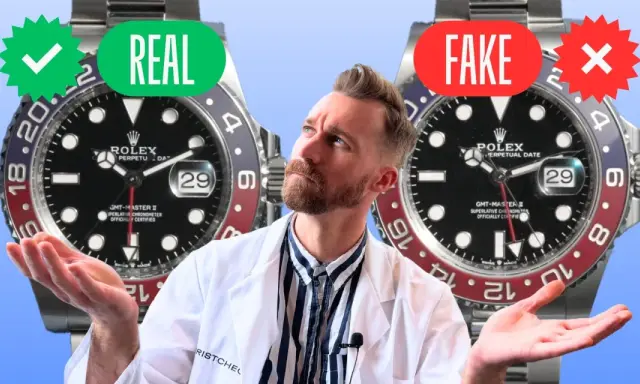 Mann vergleicht eine echte Rolex Pepsi mit einer Fälschung. Grüne Haken und "REAL" auf der linken Seite, rote Kreuze und "FAKE" auf der rechten.