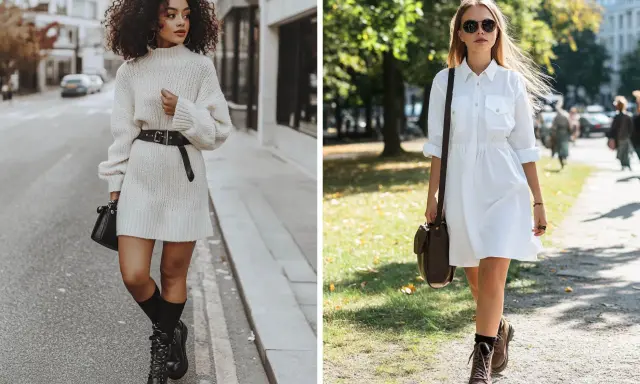 Zwei Frauen zeigen, wie man Stiefel zu Kleid kombiniert: eine im lässigen Strickkleid mit Schnürstiefeln, die andere im weißen Hemdblusenkleid mit Chunky Boots.