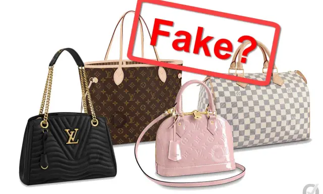 Vier Handtaschen, eine davon mit dem Schriftzug "Fake?". Die Taschen sind in verschiedenen Farben und Mustern gehalten, darunter das klassische LV-Monogramm.