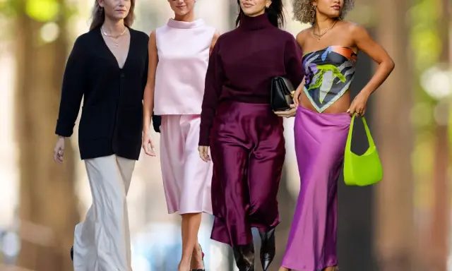 Vier Frauen zeigen, wie man einen Satinrock kombiniert: von elegant bis lässig.