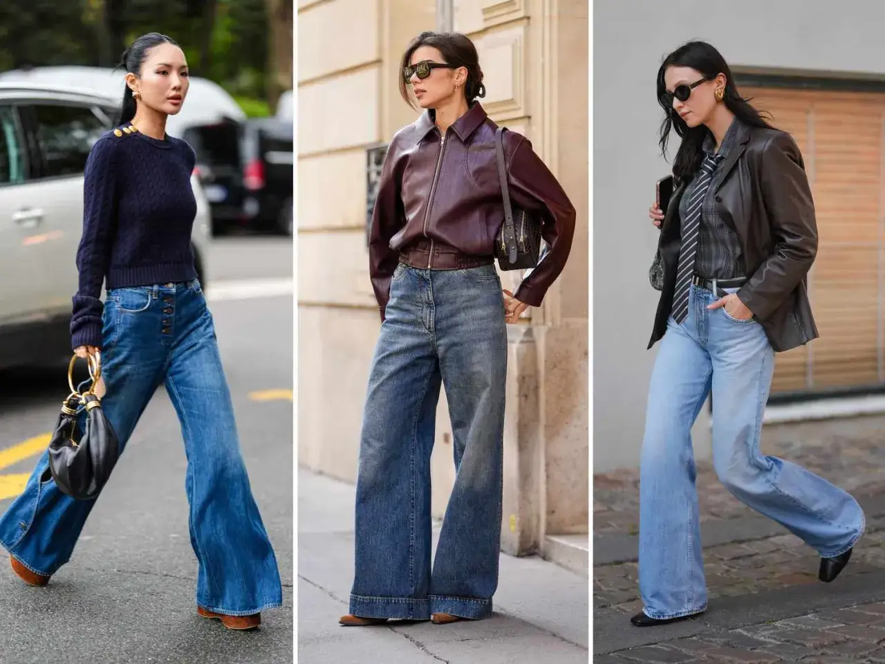 Drei Frauen zeigen, wie man weite Jeans kombiniert: mit Strickpullover, Lederjacke oder Blazer. Lässiger Streetstyle.