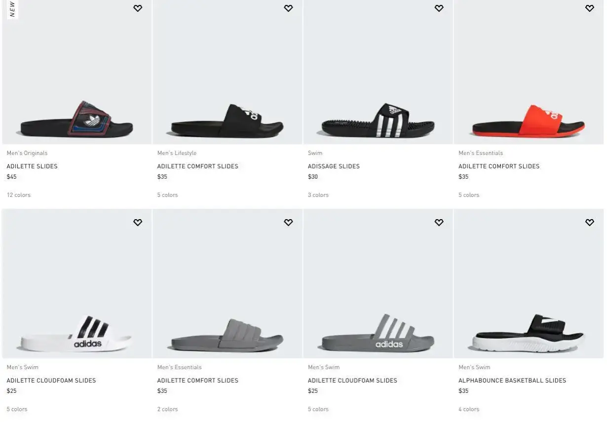 Verschiedene Adiletten-Modelle im Vergleich: Adilette Slides, Adilette Comfort Slides, Adissage Slides und Adilette Cloudfoam Slides.