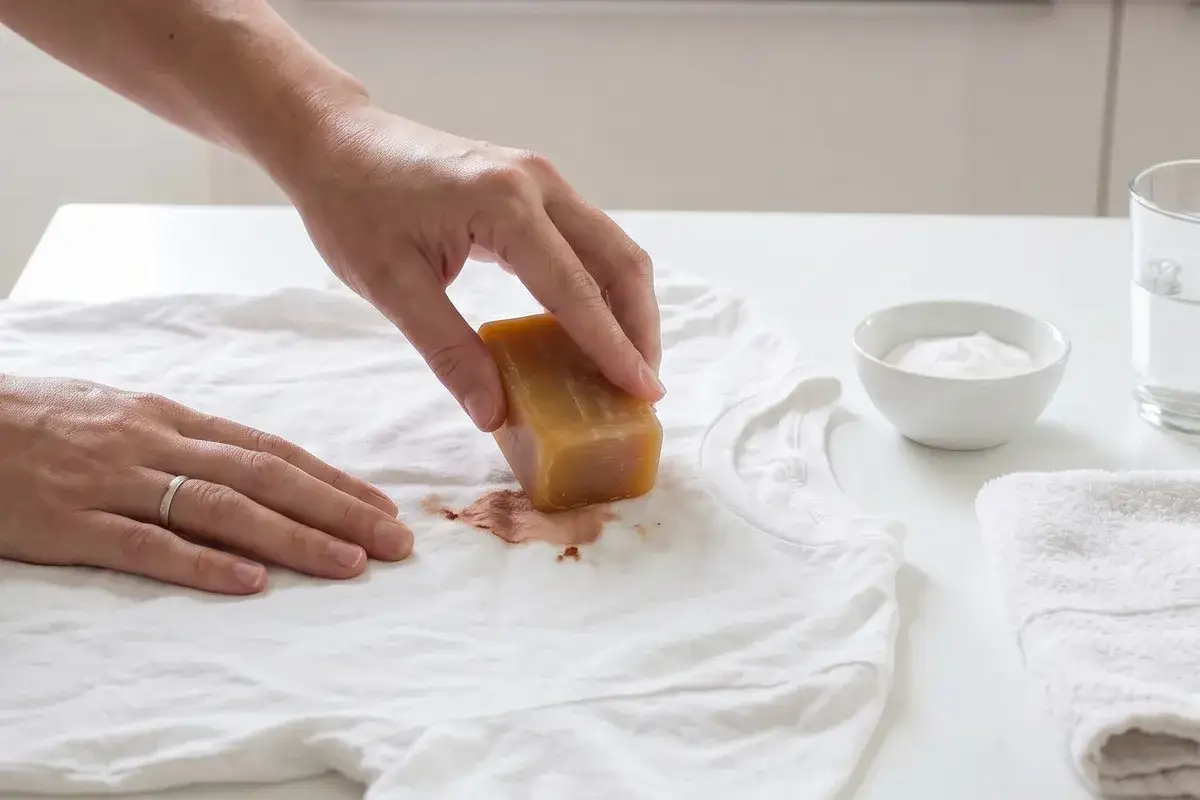 Hand reibt mit Gallseife &uuml;ber einen braunen Fleck auf wei&szlig;em T-Shirt, um gewaschene Blutflecken entfernen zu k&ouml;nnen.