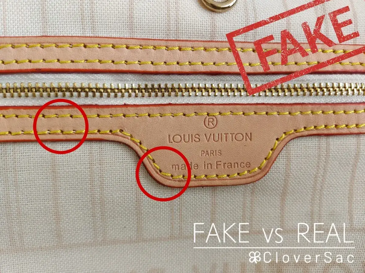 Louis Vuitton replica vs authentic: rote Kreise markieren fehlerhafte Nähte bei einer gefälschten Tasche.