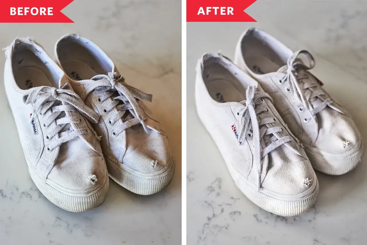 Vorher/Nachher: Superga Schuhe waschen. Die weißen Sneaker sind nach der Wäsche wieder sauber und frisch.
