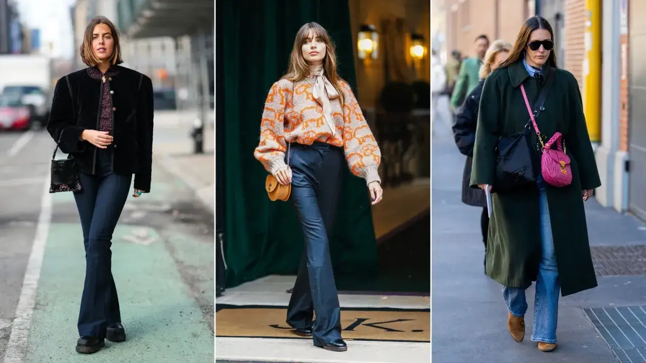 Drei Frauen zeigen, wie man bootcut jeans kombiniert: mit Samtjacke, Strickpullover oder langem Mantel.