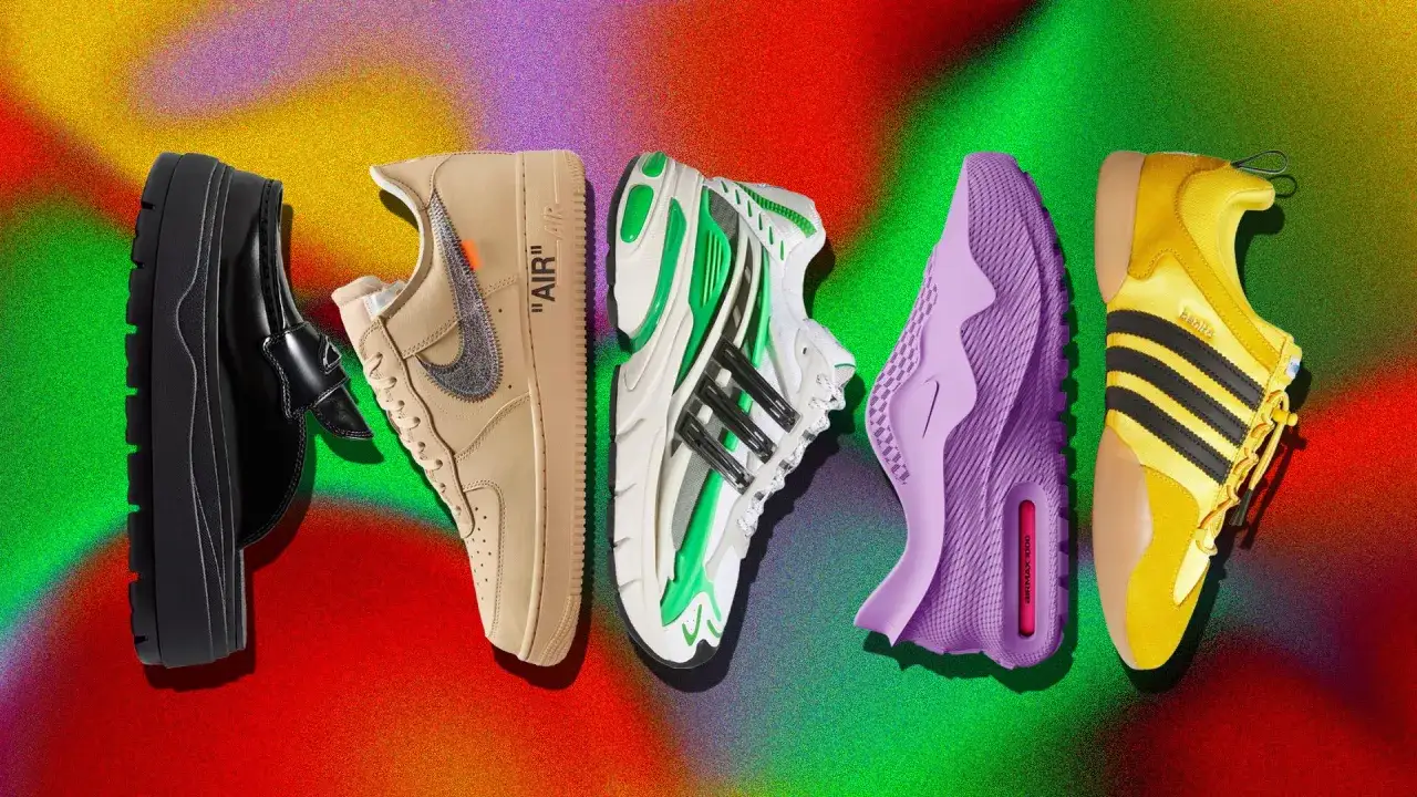 F&uuml;nf bunte Sneaker, darunter ein beige Nike Air Force 1 und ein gelber Adidas Samba, erinnern an typische Schuhe der 90er.
